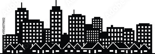 Minimal vector silhouette, city skyline with residential buildings, solid black, isolated on white.