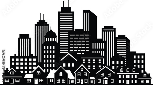 Minimal vector silhouette, city skyline with residential buildings, solid black, isolated on white.