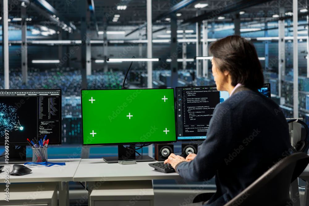 Fototapeta premium IT specialist using isolated screen PC in server room with infrastructure supporting data mining. Worker using mockup computer in data center to do maintenance on mainframes