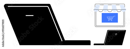 Online shopping, e-commerce, digital marketing, mobile business, retail technology, internet sales. Black laptop side view and digital storefront with shopping cart icon. Online shopping