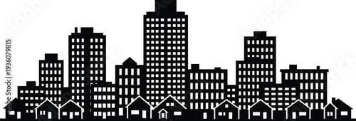 Minimal vector silhouette, city skyline with residential buildings, solid black, isolated on white.