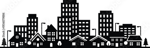 Minimal vector silhouette, city skyline with residential buildings, solid black, isolated on white.