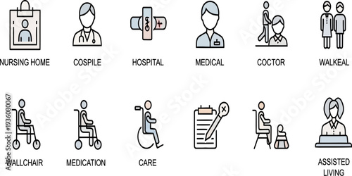Elderly care and healthcare outline icon set with medical assistance