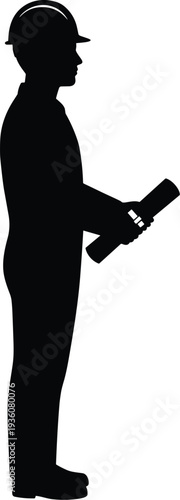 Minimal vector silhouette, construction worker wearing helmet holding blueprint, solid black, isolated on white.