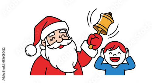 Cartoon Santa Claus ringing a bell near a startled child.