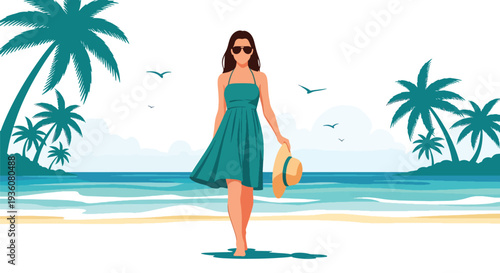 Modern vector illustration of young woman walking on sunny beach wearing summer dress and sunglasses, relaxed vacation lifestyle with ocean waves and tropical atmosphere