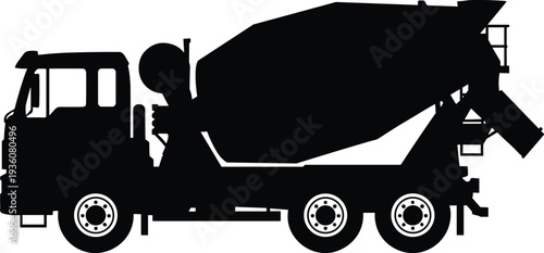 Minimal vector silhouette, cement mixer truck in side view, solid black, isolated on white.