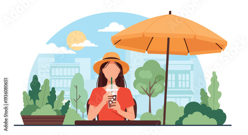 Modern vector illustration of woman enjoying iced coffee at outdoor cafe under umbrella, bright sunny city lifestyle and relaxed summer leisure atmosphere