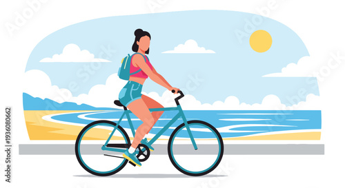 Modern vector illustration of woman riding bicycle along seaside promenade in stylish summer outfit, active healthy lifestyle and coastal vacation concept