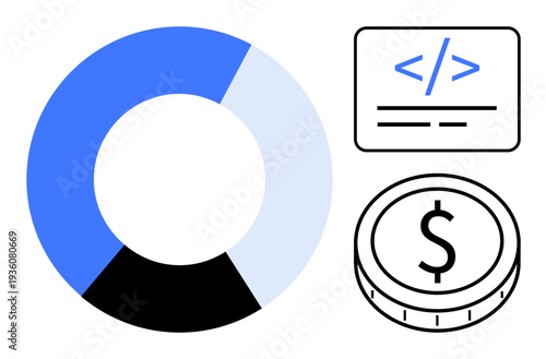 Financial data, tech innovation, coding design, wealth management, analytics, economy. Bold pie chart, dollar coin and code snippet. Financial data and tech innovation concepts