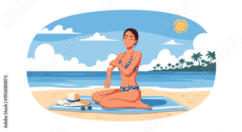Modern vector illustration of woman applying sunscreen at beach with ocean background, summer skincare protection and healthy vacation lifestyle concept