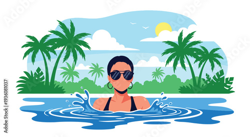 Modern vector illustration of woman swimming in outdoor pool wearing sunglasses, luxury summer vacation and relaxation lifestyle concept