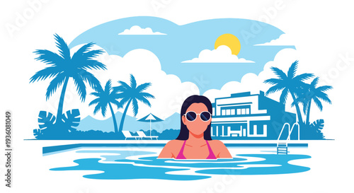 Modern vector illustration of woman swimming in outdoor pool wearing sunglasses, luxury summer vacation and relaxation lifestyle concept