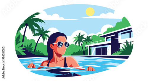 Modern vector illustration of woman swimming in outdoor pool wearing sunglasses, luxury summer vacation and relaxation lifestyle concept