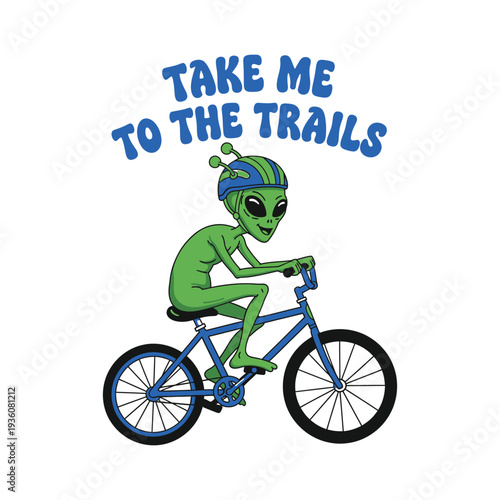 An alien wearing a helmet rides a blue bicycle on outdoor trails tshirt design