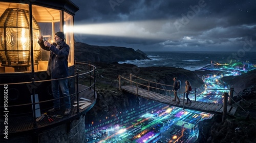 Lighthouse keeper guiding data river to digital city