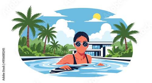 Modern vector illustration of woman swimming in outdoor pool wearing sunglasses, luxury summer vacation and relaxation lifestyle concept