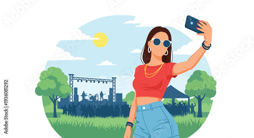 Modern vector illustration of stylish woman taking selfie at outdoor summer music festival, trendy youth lifestyle and social celebration concept