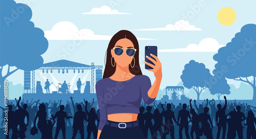 Modern vector illustration of stylish woman taking selfie at outdoor summer music festival, trendy youth lifestyle and social celebration concept