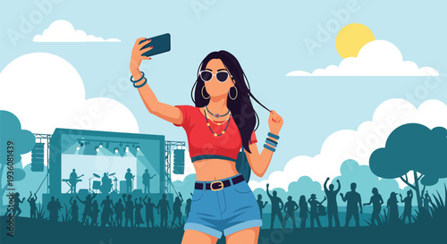 Modern vector illustration of stylish woman taking selfie at outdoor summer music festival, trendy youth lifestyle and social celebration concept