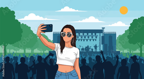 Modern vector illustration of stylish woman taking selfie at outdoor summer music festival, trendy youth lifestyle and social celebration concept