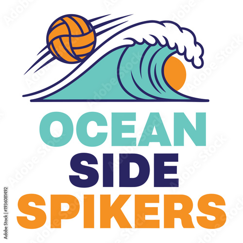 Ocean side spikers team logo with volleyball and wave design tshirt design