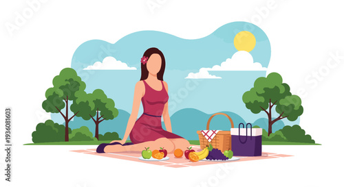 Modern vector illustration of woman enjoying picnic in sunny park with basket and fruits, relaxed summer outdoor leisure and healthy lifestyle concept