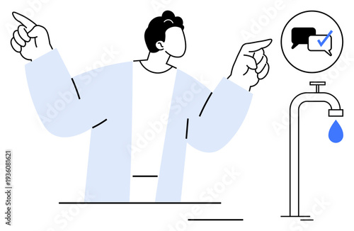 Focused individual gesturing towards communication bubble with checkmark and water tap with drop. Ideal for resource conservation, decision-making, efficiency, awareness, sustainability, education