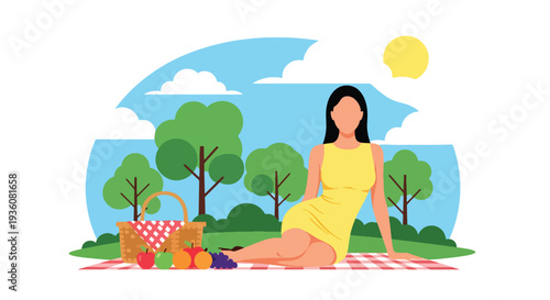 Modern vector illustration of woman enjoying picnic in sunny park with basket and fruits, relaxed summer outdoor leisure and healthy lifestyle concept