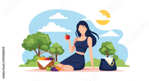 Modern vector illustration of woman enjoying picnic in sunny park with basket and fruits, relaxed summer outdoor leisure and healthy lifestyle concept