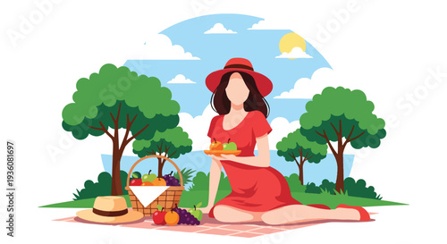 Modern vector illustration of woman enjoying picnic in sunny park with basket and fruits, relaxed summer outdoor leisure and healthy lifestyle concept