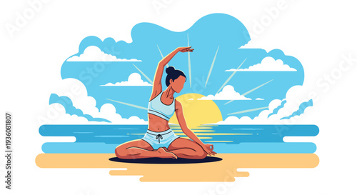 Modern vector illustration of woman practicing yoga on beach at sunrise, summer wellness, mindfulness and healthy lifestyle vacation concept