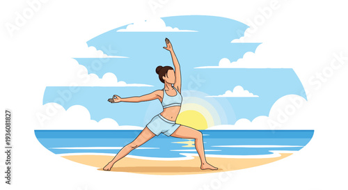 Modern vector illustration of woman practicing yoga on beach at sunrise, summer wellness, mindfulness and healthy lifestyle vacation concept