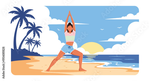 Modern vector illustration of woman practicing yoga on beach at sunrise, summer wellness, mindfulness and healthy lifestyle vacation concept