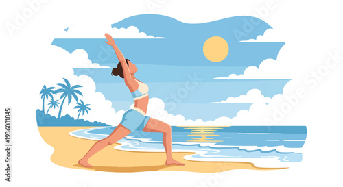Modern vector illustration of woman practicing yoga on beach at sunrise, summer wellness, mindfulness and healthy lifestyle vacation concept