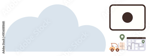 Cloud computing, logistics management, online tracking, supply chain, digital interface, data management. Large cloud with icons including map, forklift and application panel. Cloud computing