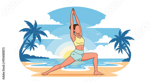 Modern vector illustration of woman practicing yoga on beach at sunrise, summer wellness, mindfulness and healthy lifestyle vacation concept