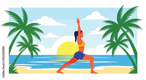 Modern vector illustration of woman practicing yoga on beach at sunrise, summer wellness, mindfulness and healthy lifestyle vacation concept