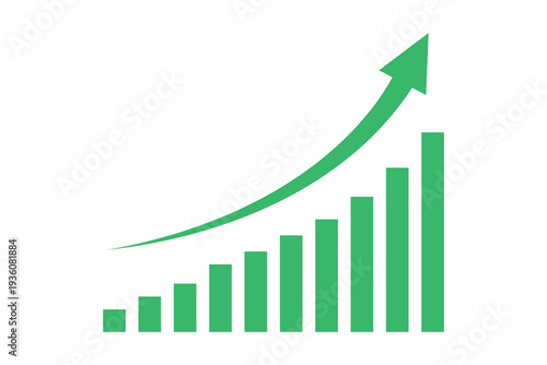A green bar graph with an upward trend arrow