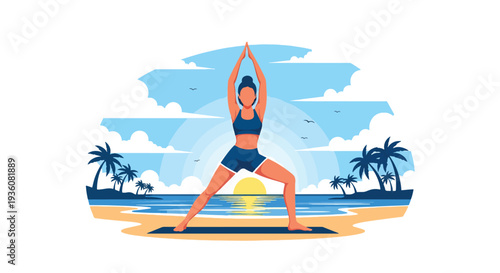 Modern vector illustration of woman practicing yoga on beach at sunrise, summer wellness, mindfulness and healthy lifestyle vacation concept