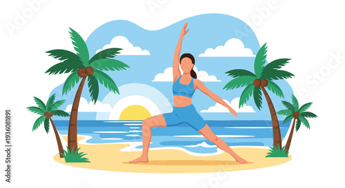Modern vector illustration of woman practicing yoga on beach at sunrise, summer wellness, mindfulness and healthy lifestyle vacation concept