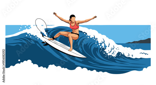 Modern vector illustration of woman surfing ocean wave in sporty swimwear, active summer adventure and coastal travel lifestyle concept