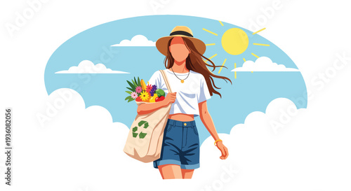 Modern vector illustration of woman shopping at outdoor summer market carrying eco bag with fruits and flowers, healthy seasonal lifestyle concept