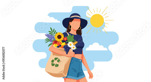 Modern vector illustration of woman shopping at outdoor summer market carrying eco bag with fruits and flowers, healthy seasonal lifestyle concept