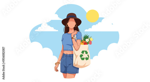 Modern vector illustration of woman shopping at outdoor summer market carrying eco bag with fruits and flowers, healthy seasonal lifestyle concept