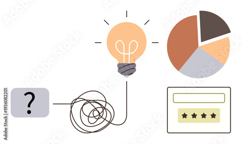 Problem solving, business analytics, decision making, creative ideas, customer feedback, data management. A tangled wire leading to a light bulb next to a pie chart and a feedback form. Problem