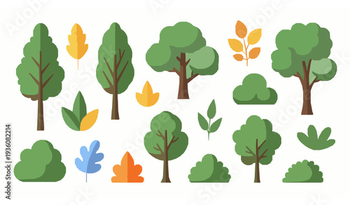 Green summer trees flat vector illustration set seasonal forest plants isolated on white background