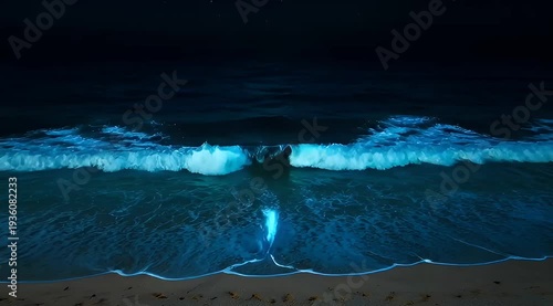 Spectacular Bioluminescent Waves Crashing on a Dark Sandy Beach Under Starry Night
