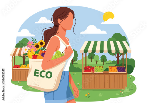 Modern vector illustration of woman shopping at outdoor summer market carrying eco bag with fruits and flowers, healthy seasonal lifestyle concept