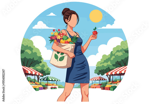 Modern vector illustration of woman shopping at outdoor summer market carrying eco bag with fruits and flowers, healthy seasonal lifestyle concept